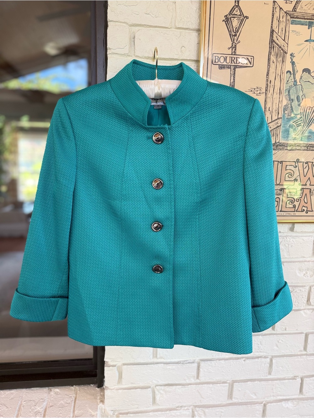 Tahari Teal Cropped Button Jacket